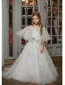 Puff Sleeves White Glitter Lace Tulle Flower Girl Dress